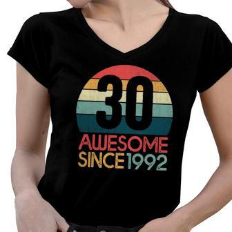 30Th Birthday Vintage Retro 30 Years Old Awesome Since 1992 Gift Women V-Neck T-Shirt | Mazezy