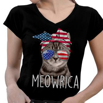 4Th Of July Day Of Independence Meowrica Meowrica Cat Owner Women V-Neck T-Shirt - Seseable