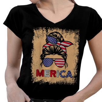 4Th Of July Merica Sunglasses Classy Mom Life Messy Bun Women V-Neck T-Shirt - Seseable