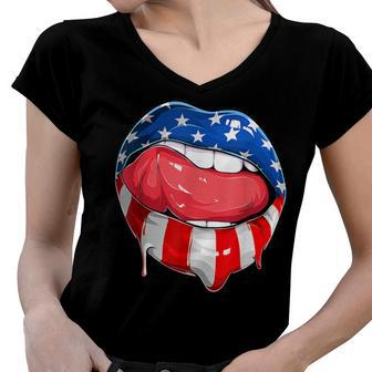 4Th Of July Patriotic Hot Lips American Flag Grunge Vintage Women V-Neck T-Shirt - Seseable