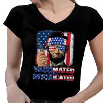 4Th Of July Vaccinated Intoxicated Usa Abe Lincoln Women V-Neck T-Shirt | Mazezy