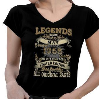 64Th Birthday Gift Legends Born May 1958 Vintage 64 Yrs Old Women V-Neck T-Shirt | Mazezy