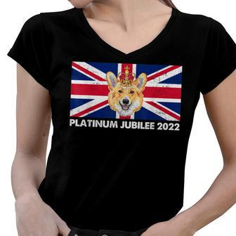 70Th Anniversary Platinum Jubilee Cute Corgi Women V-Neck T-Shirt | Mazezy