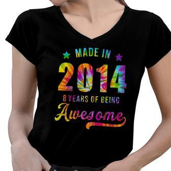 8 Years Old 8Th Birthday 2014 Tie Dye Awesome Women V-Neck T-Shirt | Mazezy