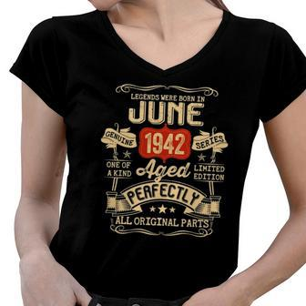80 Years Old 80Th Birthday Gifts Vintage June 1942 Birthday Party Women V-Neck T-Shirt | Mazezy