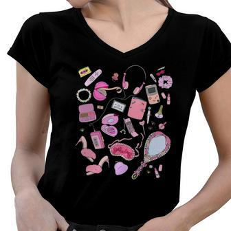 90S Styles Pink Nostalgia Graphic Women V-Neck T-Shirt | Mazezy