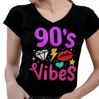 90S Vibes 90S Music Party Birthday Lover Retro Vintage Women V-Neck T-Shirt - Seseable