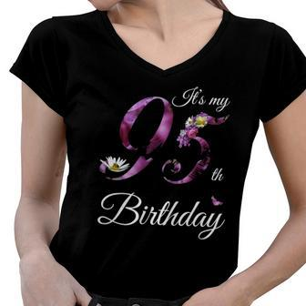 95 Years Old Floral 1927 Its My 95Th Birthday Gift Women V-Neck T-Shirt | Mazezy