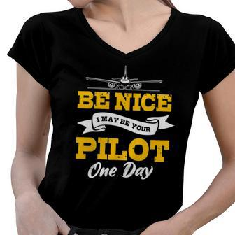 Airplane Pilot Aviator Airman Flying Fly Airwoman Aircraft Women V-Neck T-Shirt | Mazezy