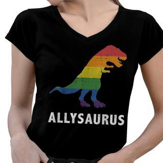Allysaurus Dinosaur In Rainbow Flag For Ally Lgbt Pride Women V-Neck T-Shirt | Mazezy