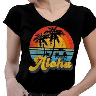 Aloha Hawaii Hawaiian Island Vintage Palm Tree Surfboard V2 Women V-Neck T-Shirt - Seseable