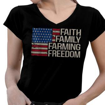 American Flag 4Th Of July Faith Family Farming Freedom Women V-Neck T-Shirt - Seseable