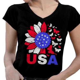 American Flag 4Th Of July Proud Usa Flower Girl Women V-Neck T-Shirt - Seseable
