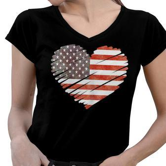 American Flag Heart Stars And Stripes 4Th Of July Women V-Neck T-Shirt - Seseable