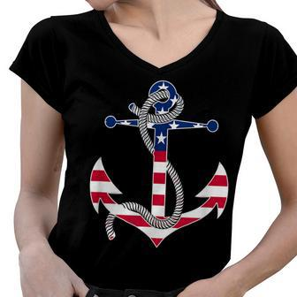 American Flag Patriotic Anchor - Memorial Day 4Th Of July Women V-Neck T-Shirt - Seseable