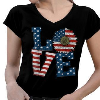 American Independence Day Usa Flag Sunflower 4Th Of July V2 Women V-Neck T-Shirt - Seseable