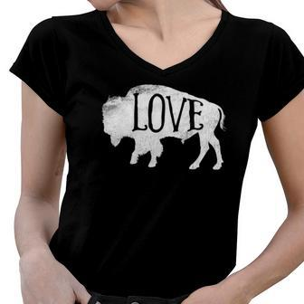 American Vintage Buffalo Silhouette Love Bison Tee Women V-Neck T-Shirt | Mazezy