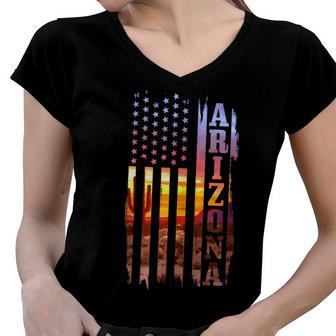Arizona American Flag Pride Landscape Cactus Patriotic Gift V2 Women V-Neck T-Shirt - Seseable