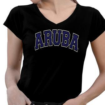 Aruba Varsity Style Navy Blue Text Women V-Neck T-Shirt | Mazezy
