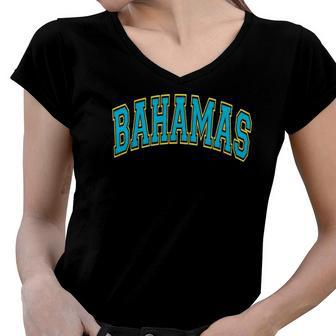 Bahamas Varsity Style Teal Text With Yellow Outline Women V-Neck T-Shirt | Mazezy