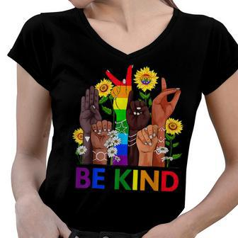 Be Kind Sign Language Hand Talking Lgbtq Flag Gay Pride Women V-Neck T-Shirt | Mazezy