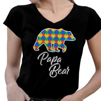 Bear Autism Puzzle Awareness Papa Bear Gifts Women V-Neck T-Shirt | Mazezy