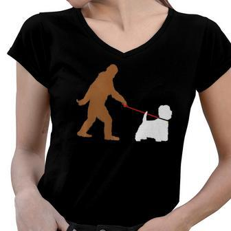 Bigfoot Walking Westie West Highland Terrier Dog Sasquatch Women V-Neck T-Shirt | Mazezy