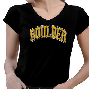 Boulder Colorado Co Varsity Style Amber Text Women V-Neck T-Shirt | Mazezy