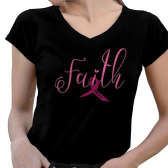 Breast Cancer Awareness Ribbon - Faith Love Hope Pink Ribbon Women V-Neck T-Shirt | Mazezy