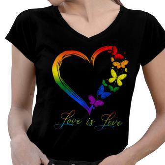 Butterfly Heart Rainbow Love Is Love Lgbt Gay Lesbian Pride Women V-Neck T-Shirt | Mazezy