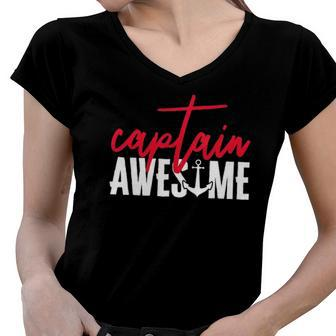 Captain Awesome Funny Sailing Boating Sailor Boat Women V-Neck T-Shirt | Mazezy