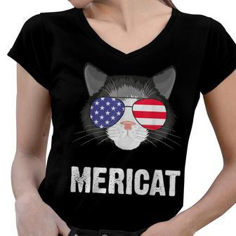 Cat American Flag Independence Day Mericat 4Th Of July Women V-Neck T-Shirt - Seseable