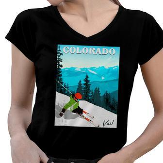 Colorado Vail Mountains Retro Travel Graphic Design Women V-Neck T-Shirt | Mazezy