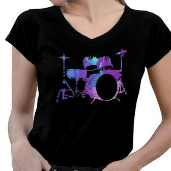 Cool Drum Kit Percussion Vintage Retro Drummer Costume Women V-Neck T-Shirt | Mazezy