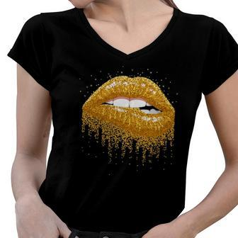 Cool Lips Bite Kiss Me -Gold Sparkle- Sexy Lips Gift Women V-Neck T-Shirt | Mazezy