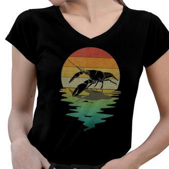 Crayfish Sunset Retro Vintage 70S Crawfish Nature Lover Women V-Neck T-Shirt | Mazezy