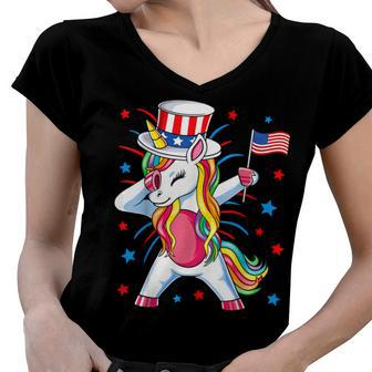 Dabbing Unicorn 4Th Of July Uncle Sam Girls American Flag Women V-Neck T-Shirt - Seseable