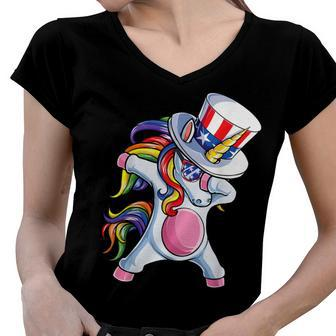 Dabbing Unicorn Uncle Sam T 4Th Of July Kids Girls Boy Women V-Neck T-Shirt - Seseable