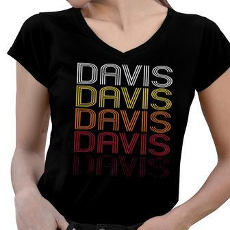 Davis Retro Wordmark Pattern Vintage Style Women V-Neck T-Shirt | Mazezy