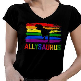 Dinosaur Lgbt Gay Pride Flag Allysaurus Ally T Rex Men Boys Women V-Neck T-Shirt - Seseable