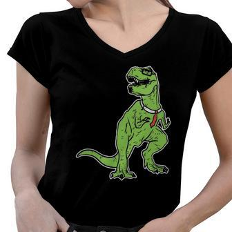 Dinosaur Tyrannosaurus Nerd Geekrex Tie Women V-Neck T-Shirt | Mazezy