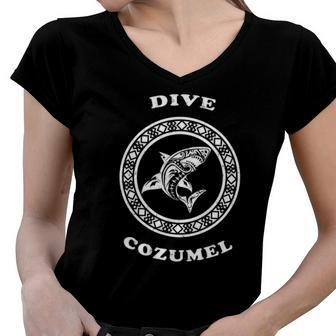 Dive Cozumel Vintage Tribal Shark Vacation Diving Gift Women V-Neck T-Shirt | Mazezy