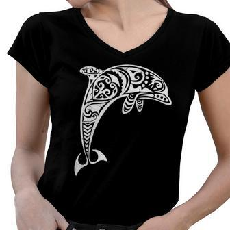 Dolphin Tribal Vintage Retro Throwback Vacation Women V-Neck T-Shirt | Mazezy