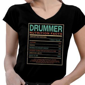 Drummer Nutrition Facts Funny Drum Player Humor Women V-Neck T-Shirt | Mazezy