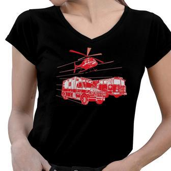 Ems Fire Rescue Truck Helicopter Cute Unique Gift Women V-Neck T-Shirt | Mazezy