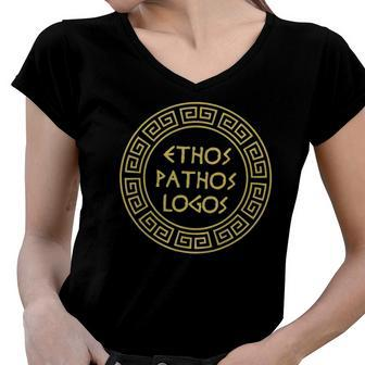 Ethos Pathos Logos Aristotle Greek Meander Women V-Neck T-Shirt | Mazezy