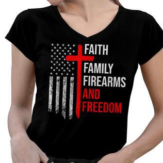 Faith Family Firearms And Freedom 4Th Of July Flag Christian Women V-Neck T-Shirt - Seseable