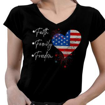 Faith Family Freedom American Flag Heart Happy 4Th Of July Women V-Neck T-Shirt - Seseable