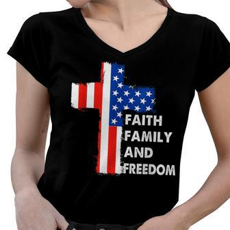 Family Faith Usa Flag Cross Patriotic Freedom 4Th Of July Women V-Neck T-Shirt - Seseable