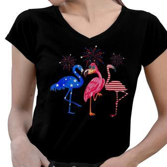 Flamingos Usa Flag 4Th Of July Independence Day Patriotic Women V-Neck T-Shirt - Seseable